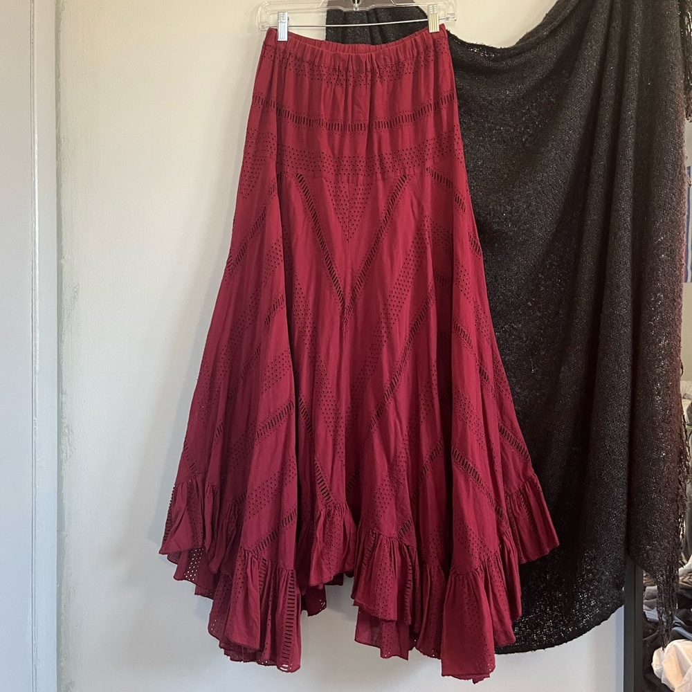 Free People Red Eyelet Ruffled Maxi Skirt S